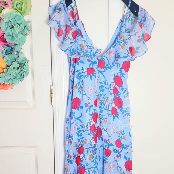 New BARDOT Chiffon Floral Print Maxi Dress XS Midi Slit Ruffle - Picture 9 of 13